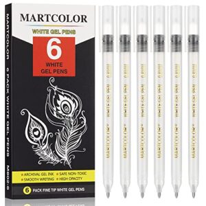 MARTCOLOR White Gel Pens Set, 6 Pack, 0.8mm Fine Point Pens Gel Ink Pens For Artists, Archival Ink Pens, White highlight Pens for Black Paper Drawing, Illustration, Sketching, Writing