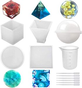 silicone resin molds 5pcs resin casting molds including sphere, cube, pyramid, square, round with 1 measuring cup & 5 plastic transfer pipettes for resin epoxy, candle wax, soap, bowl mat etc