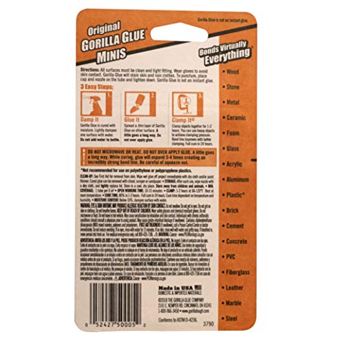 Gorilla Minis, Original Waterproof Polyurethane Glue, Four 3 Gram Tubes, Brown, (Pack of 1)