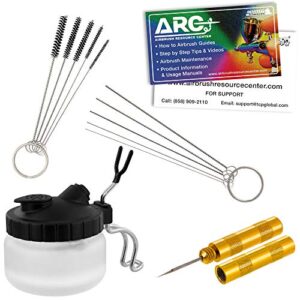 master airbrush 13 piece airbrush cleaning kit – glass cleaning pot jar with holder, 5 pc cleaning needles, 5 pc cleaning brushes, 1 wash needle, & how to link card