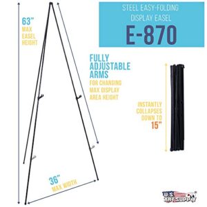 U.S. Art Supply 63" High Steel Easy Folding Display Easel - Quick Set-Up, Instantly Collapses, Adjustable Height Display Holders - Portable Tripod Stand, Presentations, Signs, Posters, Holds 5 lbs