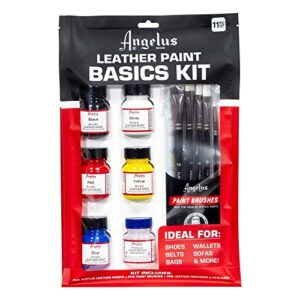 angelus leather paint kit- basics starter kit includes 5 paints, preparer deglazer, & 5 piece paint brush set