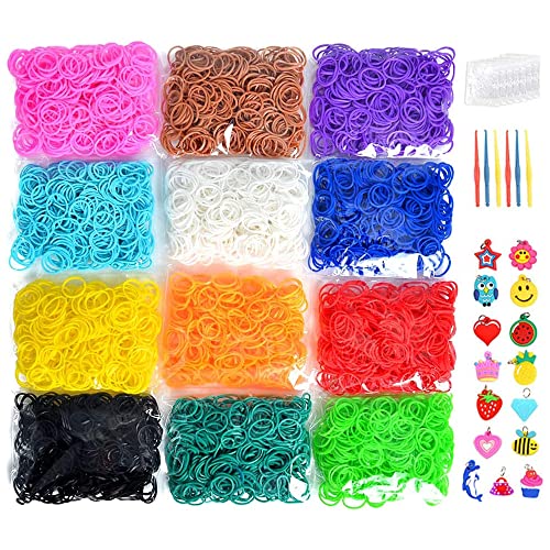 5400+ Colorful Rubber Bands Refill Set Includes: 4800+ Premium Quality Loom Rubber Bands in 12 Unique Colors + 300 S-Clips + 15 Lovely Charms + 6 Crochet Hooks, No Loom Board Include.