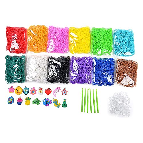 5400+ Colorful Rubber Bands Refill Set Includes: 4800+ Premium Quality Loom Rubber Bands in 12 Unique Colors + 300 S-Clips + 15 Lovely Charms + 6 Crochet Hooks, No Loom Board Include.