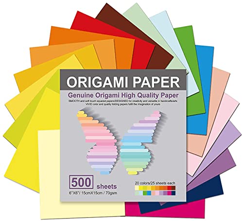 Origami Paper 500 Sheets, 20 Vivid Colors, Double Sided Colors Make Colorful and Easy Origami,6 Inch Square Sheet, for Kids & Adults, Papers, Arts and Crafts Projects (E-book included)