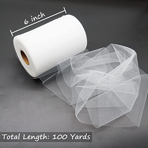 Tulle Fabric Rolls 6 Inch by 100 Yards (300 ft) White Tulle Ribbon Spool for Tutu Skirt Wedding Baby Shower Birthday Party Decorations Christmas Gift Wrapping DIY Crafts (White)