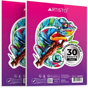 artisto watercolor pads 9×12”, pack of 2 (60 sheets), glue bound, acid-free paper, 140lb (300gsm), perfect for most wet & dry media, ideal for beginners, artists & professionals