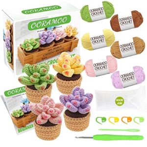 OORAMOO Crochet Kit for Beginners - 4Pcs Succulents, Beginner Crochet Starter Kit for Complete Beginners Adults, Crocheting Knitting Kit with Step-by-Step Video Tutorials