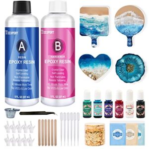 teexpert epoxy resin kit for beginners, resin kit with coaster molds, silicone molds kit, pigments, mica powder, foil flakes, crystal clear art resin, casting & coating for diy resin coasters 16 fl.oz