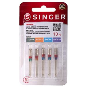 singer 10-pack universal 2020 sewing machine needles, assorted, size 70/10, 80/12, 90/14, 100/16