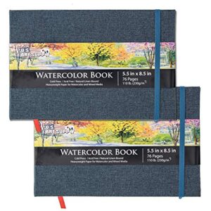 u.s. art supply 5.5″ x 8.5″ watercolor book, 2 pack, 76 sheets, 110 lb (230 gsm) – linen-bound hardcover artists paper pads – acid-free, cold-pressed, brush painting & drawing sketchbook mixed media