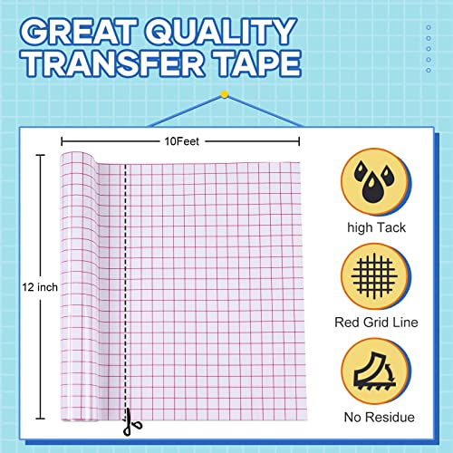 HTVRONT Transfer Tape for Vinyl - 12" x 10 FT Red Alignment Grid Clear Transfer Paper for Vinyl for Self Adhesive Vinyl - High Tack Transfer Tape for Cricut, for Signs Stickers Decals Walls Doors