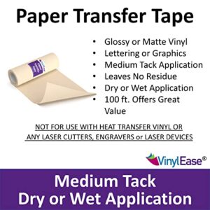 Vinyl Ease 12inch x 100 feet roll of Paper Transfer Tape with a Medium to High Tack Layflat Adhesive. Works with a Variety of Vinyl. Great for Decals, Signs, Wall Words and More. American Made V0821