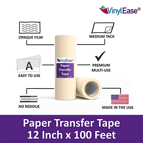 Vinyl Ease 12inch x 100 feet roll of Paper Transfer Tape with a Medium to High Tack Layflat Adhesive. Works with a Variety of Vinyl. Great for Decals, Signs, Wall Words and More. American Made V0821