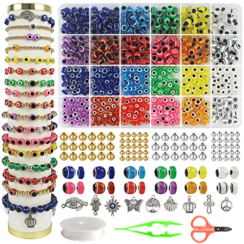 Redtwo 900 Pcs Evil Eye Beads Bracelet Making Kit, Friendship Evil Eye Bracelet Kit for Necklace Jewelry Making with Charms and Elastic Strings Gifts for Teen Girls Crafts for Girls Ages 8-12