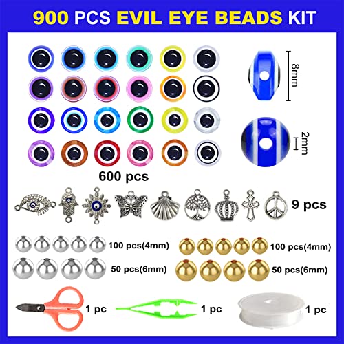 Redtwo 900 Pcs Evil Eye Beads Bracelet Making Kit, Friendship Evil Eye Bracelet Kit for Necklace Jewelry Making with Charms and Elastic Strings Gifts for Teen Girls Crafts for Girls Ages 8-12