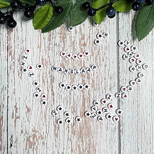 WangLaap 1450Pcs Acrylic 4x7mm Round Letter Beads Kits Alphabet Beads A-Z and Red Heart Black Star Beads for Bracelets Necklaces DIY Jewelry Making (White)