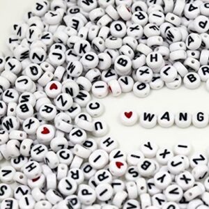 WangLaap 1450Pcs Acrylic 4x7mm Round Letter Beads Kits Alphabet Beads A-Z and Red Heart Black Star Beads for Bracelets Necklaces DIY Jewelry Making (White)