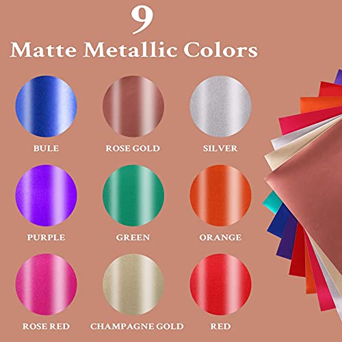 HTVRONT Matte Metallic Vinyl Permanent, 9 PCS 12"x12" Metallic Vinyl Sheets - Permanent Adhesive Vinyl for Cricut Machine & Silhouette Cameo