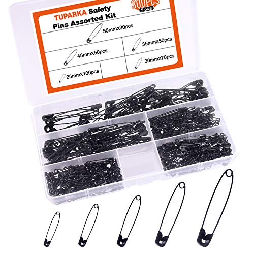 TUPARKA 5 Sizes Black Safety Pins Assorted 25-55mm Small and Large Safety Pins for Art Craft Sewing Jewelry Making in a PP Box (300 pcs)