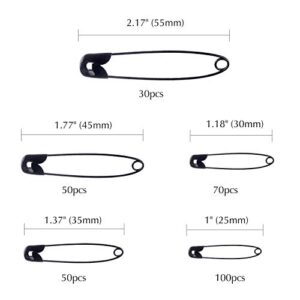 TUPARKA 5 Sizes Black Safety Pins Assorted 25-55mm Small and Large Safety Pins for Art Craft Sewing Jewelry Making in a PP Box (300 pcs)