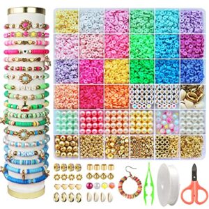 redtwo 6200 pcs clay beads bracelet making kit, flat round polymer heishi beads friendship bracelet kit with charms and elastic strings, jewelry making kit for girls 8-12 gifts for kids
