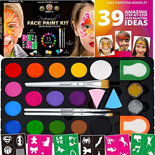 Zenovika Face Paint Kit for Kids - 60 Jumbo Stencils, 15 Large Water Based Paints, 2 Glitters - Halloween Makeup Kit, Professional Face Paint Palette, Safe for Sensitive Skin, Face Painting Book