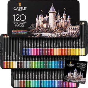 castle art supplies 120 colored pencils set | quality soft core colored leads for adult artists, professionals and colorists | protected and organized in presentation tin box