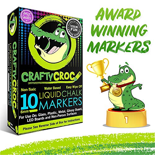 Crafty Croc Liquid Chalk Markers, 10 Pack of Neon Chalk Pens, for Nonporous Chalkboards, Bistro Boards, Glass and Windows