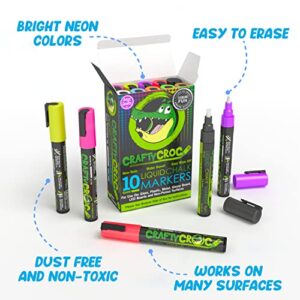 Crafty Croc Liquid Chalk Markers, 10 Pack of Neon Chalk Pens, for Nonporous Chalkboards, Bistro Boards, Glass and Windows