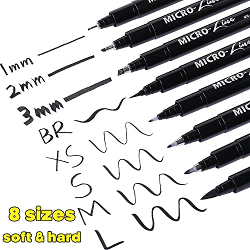 Dyvicl Hand Lettering Pens, Calligraphy Brush Pens Art Markers for Beginners Writing, Sketching, Art Drawing, Illustration, Scrapbooking, Journaling, Black Ink Pen Set, 8 Sizes