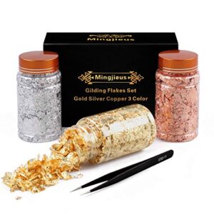 gilding flakes set,gold foil flakes for resin,3 bottles metallic foil flakes for resin jewelry making,nails,painting art,crafts and slime(gold, silver, copper colors)