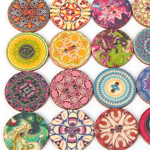 Mahaohao 100pcs Mixed Random Flower Painting Round 2 Holes Wood Wooden Buttons for Sewing Crafting 20mm