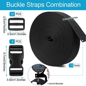 Buckle Straps 1 Inch, Webbing Straps Polypropylene 11 Yards, 6 PCS Adjustable Side Release Plastic Buckles, 12 PCS Tri-Glide Slide Clip, Heavy Duty Straps with Buckles