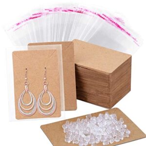 earring cards, anezus 100 pcs earring display cards earring holder cards with 200 earring backs and 100 self- sealing bags for earrings necklace jewelry display, kraft color 3.5×2.4 inches