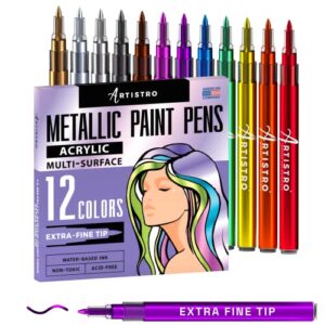 metallic paint pens for rock painting, stone, ceramic, glass, wood, fabric, pebbles, scrapbook journals, photo albums, card stocks. set of 12 acrylic paint markers extra-fine tip 0.7mm