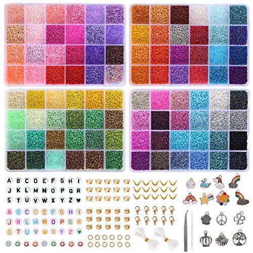 QUEFE 48000pcs 2mm Glass Seed Beads for Jewelry Making Kit, 96 Colors Small Beads Kit Bracelet Beads with Pendant Charms Kit and Letter Beads for Bracelets Necklace Ring Making, DIY, Art and Craft