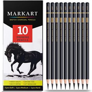 professional drawing set – markart 10 pieces soft medium and hard charcoal pencils for drawing, sketching, shading, pencils for beginners & artists