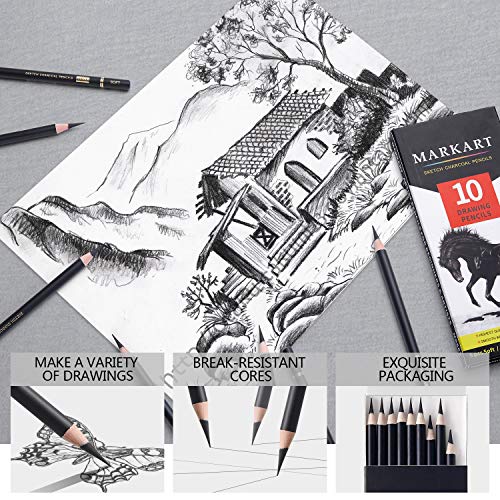 Professional Drawing Set - MARKART 10 Pieces Soft Medium and Hard Charcoal Pencils for Drawing, Sketching, Shading, Pencils for Beginners & Artists