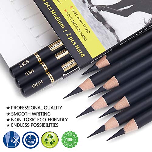 Professional Drawing Set - MARKART 10 Pieces Soft Medium and Hard Charcoal Pencils for Drawing, Sketching, Shading, Pencils for Beginners & Artists
