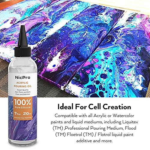 Nicpro 7 Ounce Silicone Pouring Oil for Art, Dramatic Cell Activator for Acrylic Paint Pour, 100% Silicone Medium Compatible with All Painting Acrylic or Watercolor - Come with Instruction