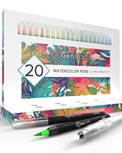 gencrafts watercolor brush pens set of 20 premium colors – real brush tips – no mess storage case – washable nontoxic markers – portable painting