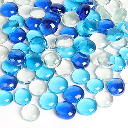 FUTUREPLUSX Flat Glass Marbles 1Lb, 100PCS Fill 0.3L Vol. Premium Blue Mixed Color Flat Gems Fish Tank Rocks Vase Filler Beads Table Scatter Décor