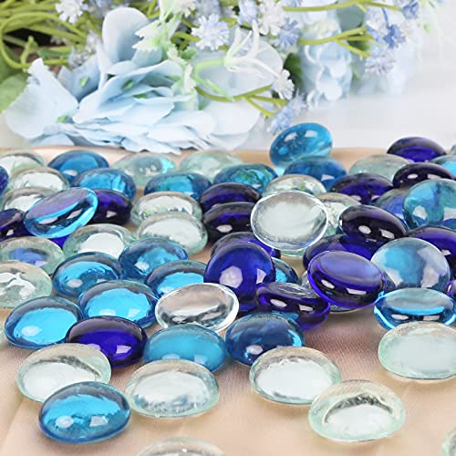 FUTUREPLUSX Flat Glass Marbles 1Lb, 100PCS Fill 0.3L Vol. Premium Blue Mixed Color Flat Gems Fish Tank Rocks Vase Filler Beads Table Scatter Décor