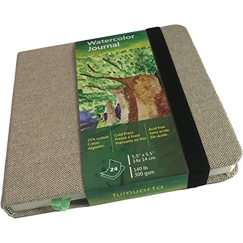 Square Watercolor Journal, 5.5x5.5”, 140 LB, 300 GSM, tumuarta Cotton Paper, Cold Press, 24 Sheets, 48 Pages, Watercolor Paper Notebooks for Use As Travel Sketchbooks and Mix Media Pad On The Go