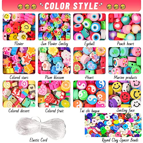 1140Pcs Flower Smiley Face Beads Polymer Clay Bead Kit Include y2k Mixed Fruit Spacer Trendy Clay Beads Charms for Jewelry Making, Bracelet Making Kit Accessories for Women Girls