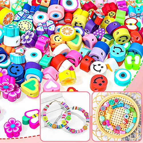 1140Pcs Flower Smiley Face Beads Polymer Clay Bead Kit Include y2k Mixed Fruit Spacer Trendy Clay Beads Charms for Jewelry Making, Bracelet Making Kit Accessories for Women Girls