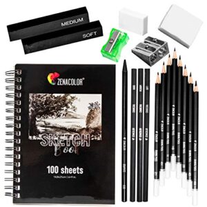 zenacolor – drawing set, sketch kit for beginners or professional – sketching kit with sketchbook, 8 drawing pencils, 3 charcoal pencils, 1 graphite pencil, 2 charcoal sticks