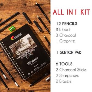 Zenacolor - Drawing Set, Sketch Kit for Beginners or Professional - Sketching kit with Sketchbook, 8 Drawing Pencils, 3 Charcoal Pencils, 1 Graphite Pencil, 2 Charcoal Sticks