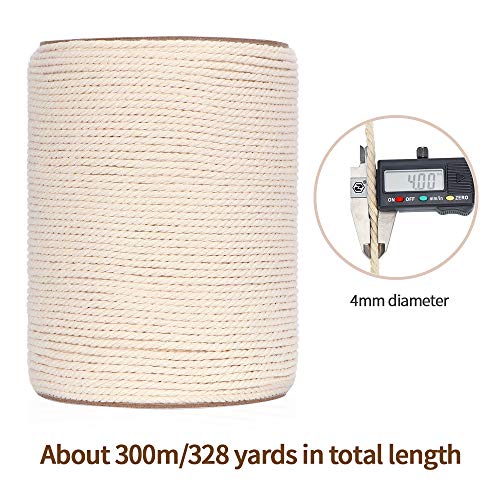 Macrame Cord 4mm x 328Yards(984Feet),Natural Cotton Macrame Rope - 3 Strands Twisted Macrame Cotton Cord for Wall Hanging, Plant Hangers, Crafts, Gift Wrapping and Wedding Decorations